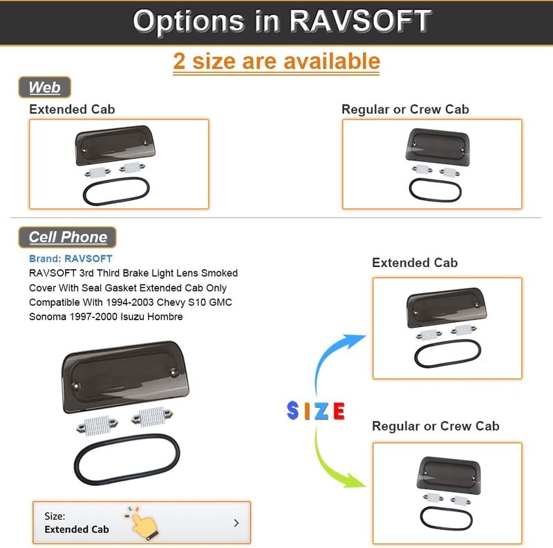 RAVSOFT 3rd Third Brake Light Lens Smoked Cover with Seal Gasket Regular Crew Cab Only Compatible with 1994-2004 Chevy S10 GMC Sonoma 1996-2000 Isuzu Hombre High Mount Stop Lamp Assembly - Image 3